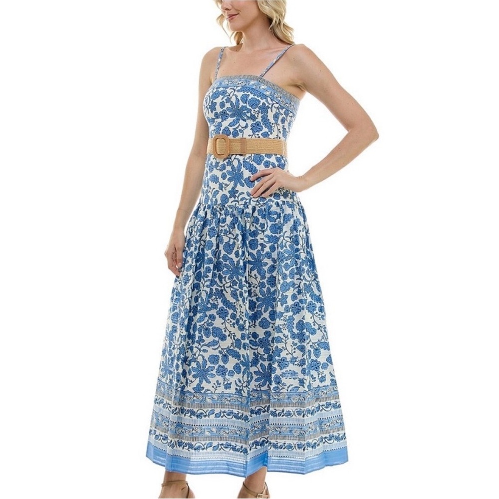 NWT Taylor Blue and White Floral Maxi Dress with Belt - Picture 2 of 7